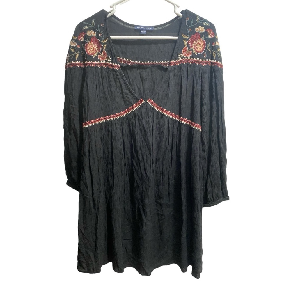 AMERICAN EAGLE WOMEN BLACK EMBROIDERED SHIFT DRESS‎ Sz. MEDIUM